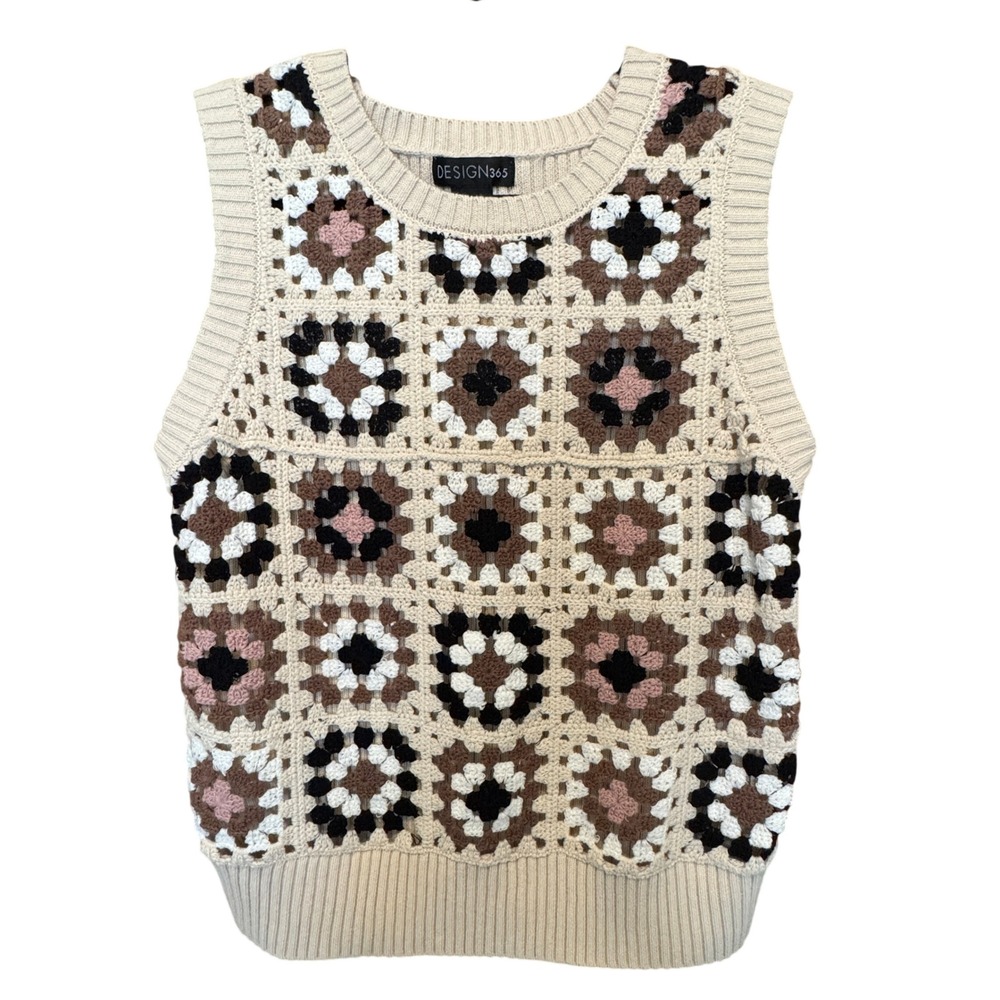 Crochet Granny Square Floral Sweater Vest M Neutral Cottagecore Grannycore Layer
